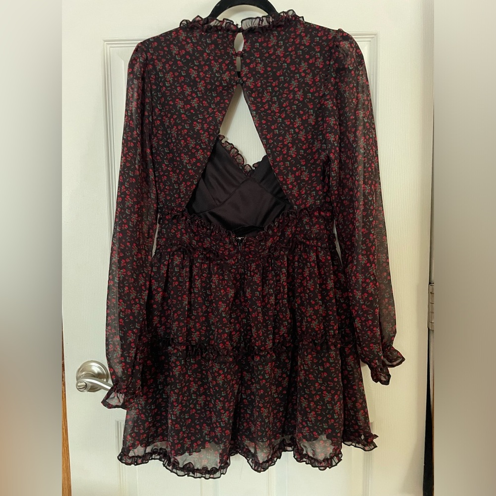Altar'd State Black Long-Sleeve Open Back Floral Dress with Red Rose Print - Picture 3 of 5